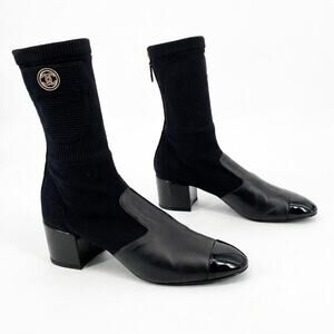 Chanel 2022 Black Knit CC Logo Patent Cap Toe Mid Heel Sock Booties EU 37.5